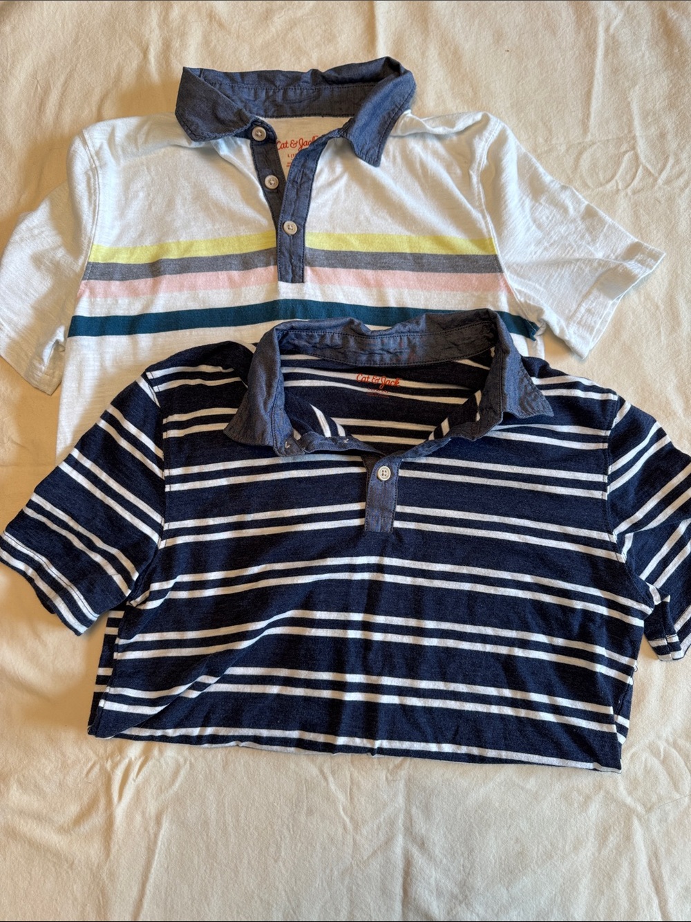 Cat & Jack Boys' Stripe Polo Shirts - Navy/white and White w pink, yellow, navy